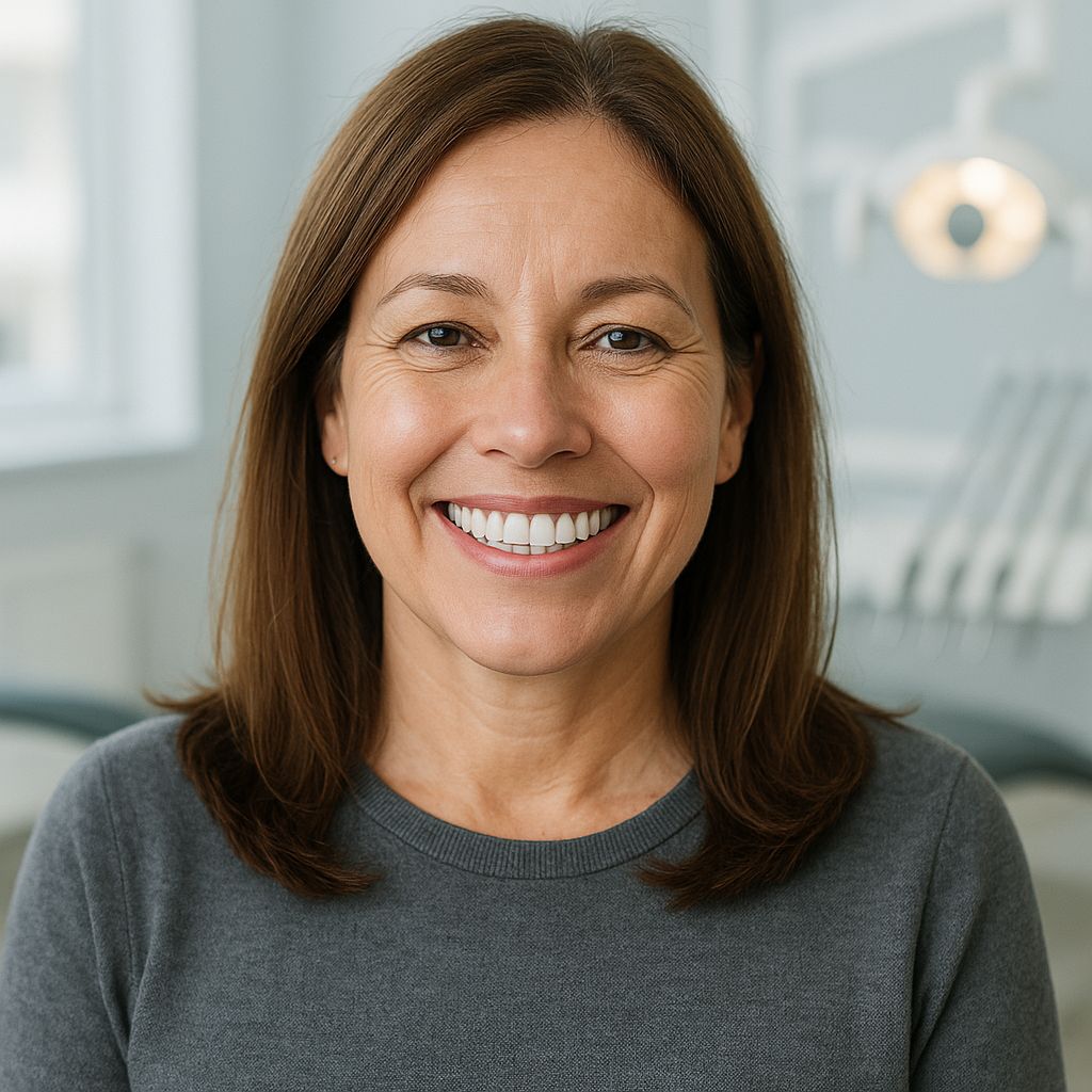 Gülümseyen bir kadın, diş hekimi muayene koltuğunun önünde durarak Çayırova diş beyazlatma işlemi sonrası beyaz dişleriyle pozitif bir ifade sergiliyor.