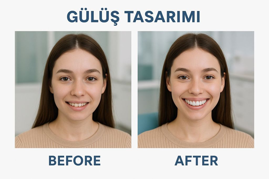 Çayırova'da en iyi Çayırova estetik diş hekimi olan  Adnan Coşkun Diş Polikliniği ile gülüş tasarımı tedavisi yaptırmış bir kadının işlem öncesi ve sonrası fotoğrafı