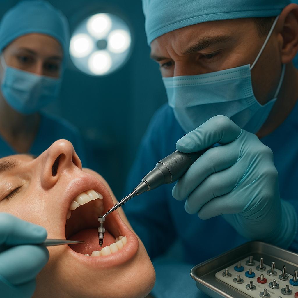 Çayırova'nın en iyi dişçisi olan Adnan Coşkun Diş Polikliniği içerisinde bir diş hekimi Çayırova implant tedavisi işlemi yaparken hastası ağzını açmış bir şekilde onu bekliyor