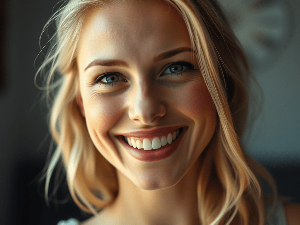 Adnan Coşkun diş polikliniği tarafından dişlerine implant diş ve porselen diş işlemleri yapılmış sarışın bir kadının uygun fiyatlı diş polikliniği hizmetleri aldıktan sonra zirkonyum kaplama diş ile gülümsemesi