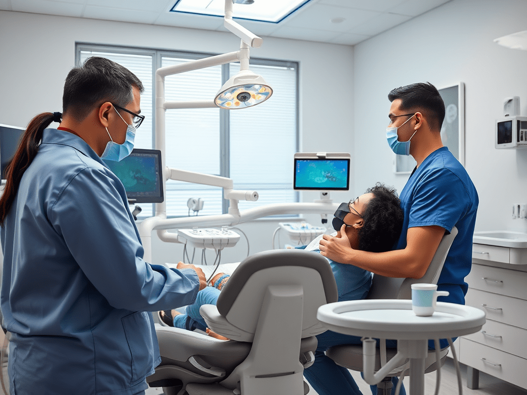 Adnan Coşkun Çayırova ağız ve diş sağlığı merkezi muayene odasında iki diş hekimi Çayırova implant işlemi esnasınad hastasına Çayırova porselen kron ve zirkon kron anlatıyor.