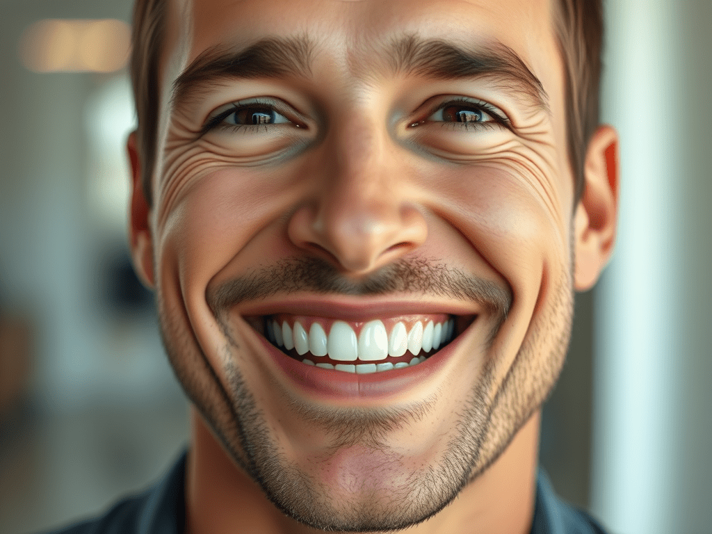 Adnan Coşkun Diş Polikliniği hekimleri tarafından kendisine zirkonyum diş kaplama uygulaması yapılan yakışıklı bir erkek, bembeyaz zirkonyum kaplama dişleri ile Kocaeli diş poliklinikleri personellerine gülümserken