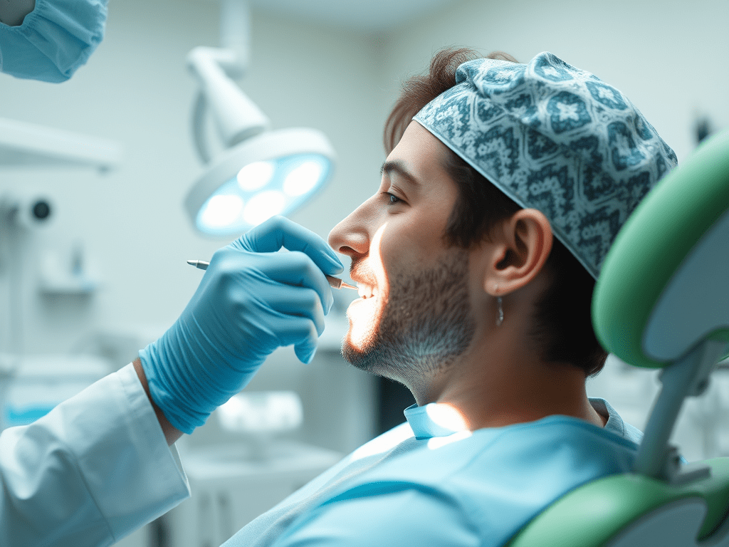 Gebze özel diş polikliniği hizmeti veren Adnan Coşkun Diş Polikliniği içerisinde implant ve protez diş tedavisi öncesi yapılan diş muayenesinde hasta ve diş hekimi görseli