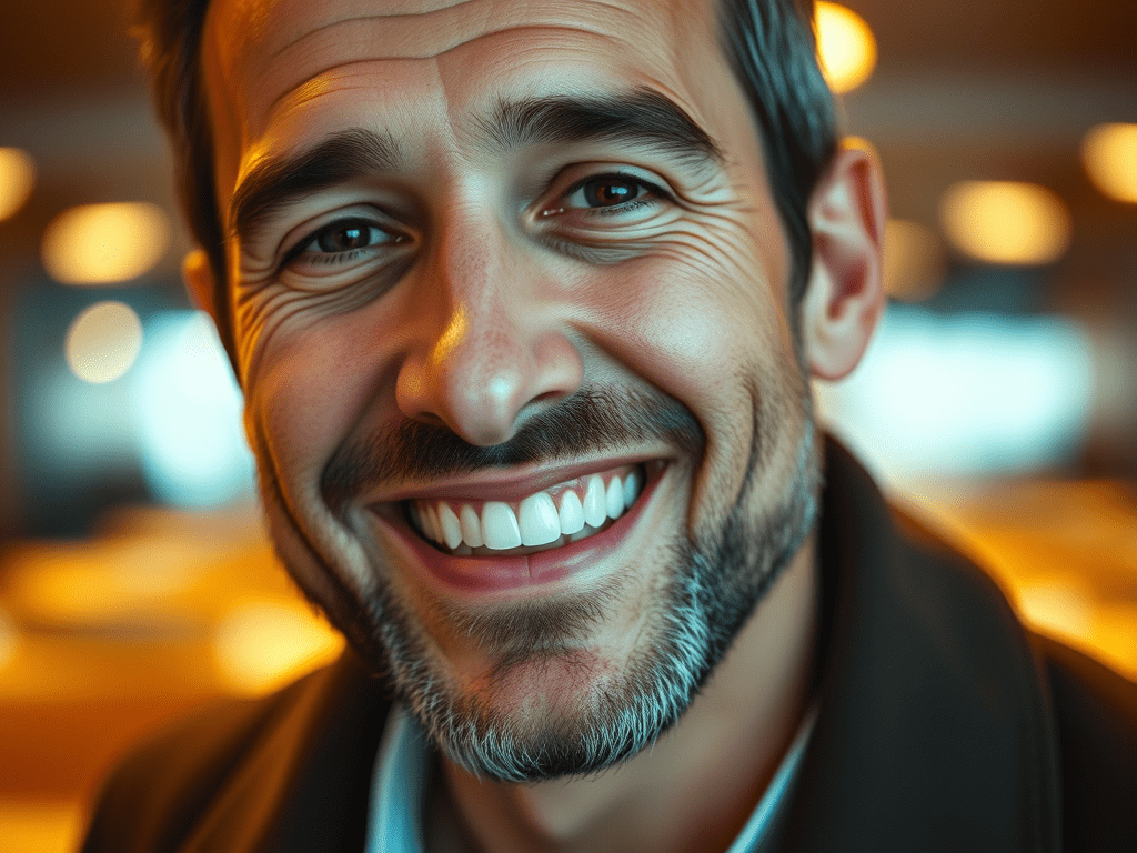 Çayırova diş polikliniği adnan coşkun tarafından implant ve prote diş uygulamaları yapılmış bir adam bembeyaz dişlerle gülümsüyor.